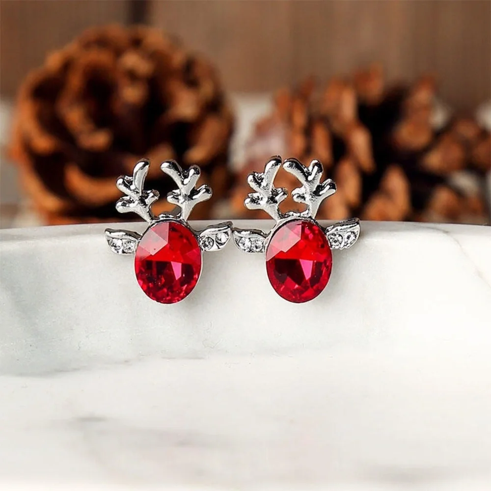 Silver & Red Crystal Reindeer Stud Earrings